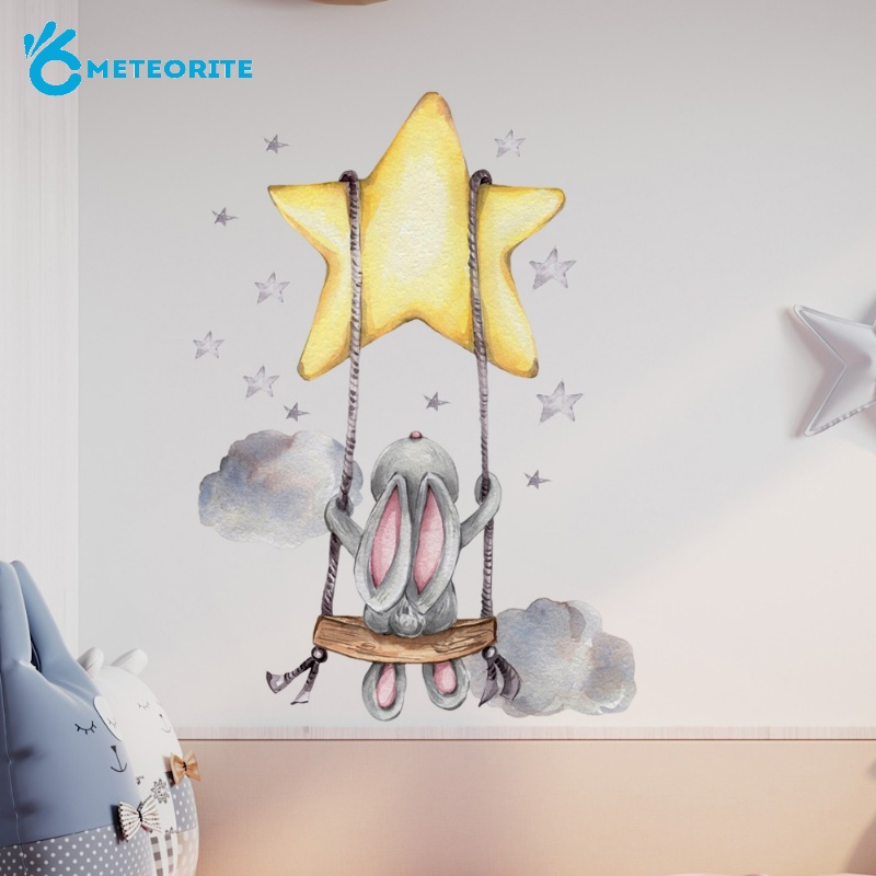 Cartoon Bunny Stars Wall Sticker/ Self-adhesive Rabbit Swing On the ...