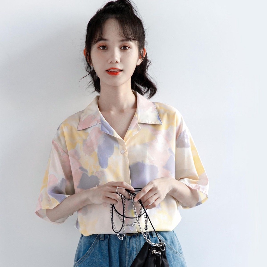 Hong Kong Style Scrawl Printed Shirt Women Summer Korean Design Short