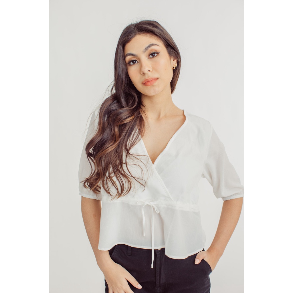 Mossimo Marie White Mock Wrap V Neck Top with Drawstring | Shopee ...