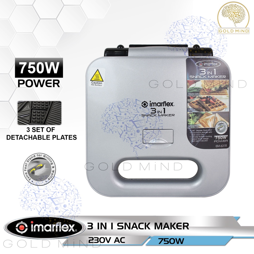 Imarflex Sandwich Maker 3 in1 Snack Maker with 3 set Detachable Plates