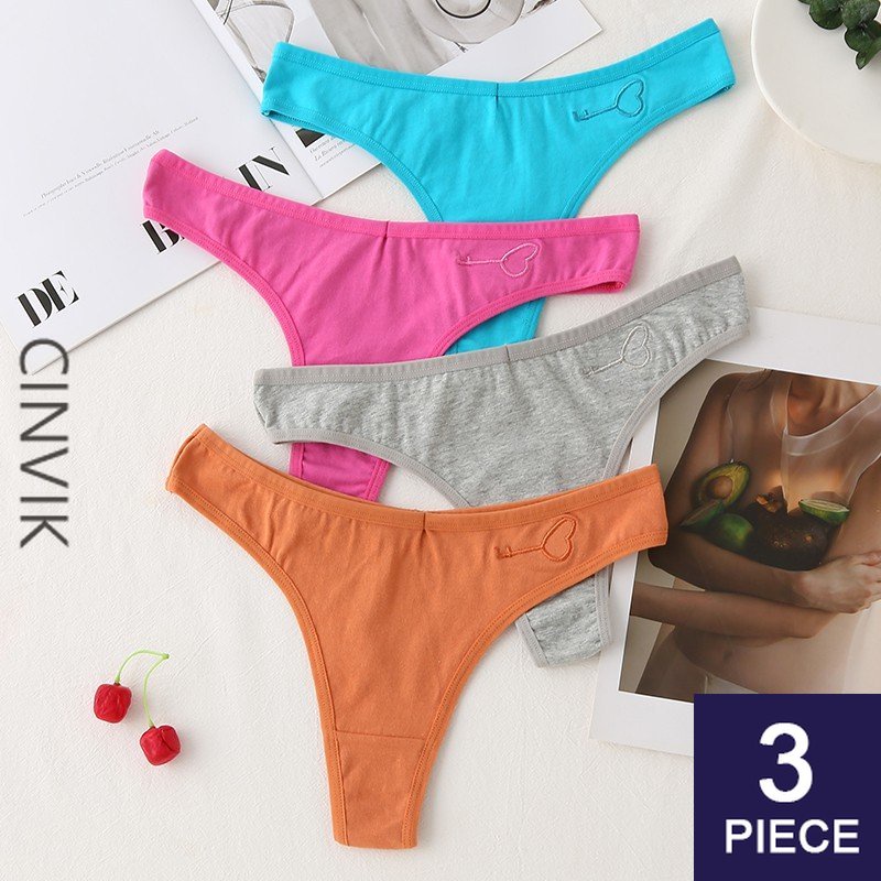 Cinvik 3pcs Women Sexy Cotton Thong Panties Low Rise G String Underwear Solid Color Lingerie 