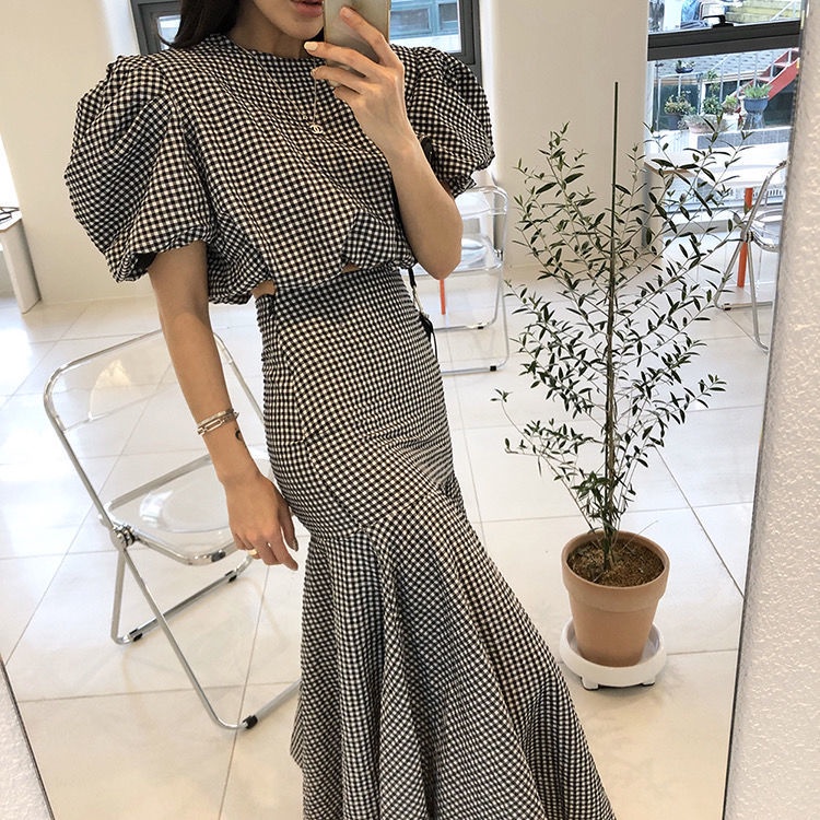 Korean Summer Puff Sleeve Plaid Shirt Short Top High Waist Fishtail Hip ...