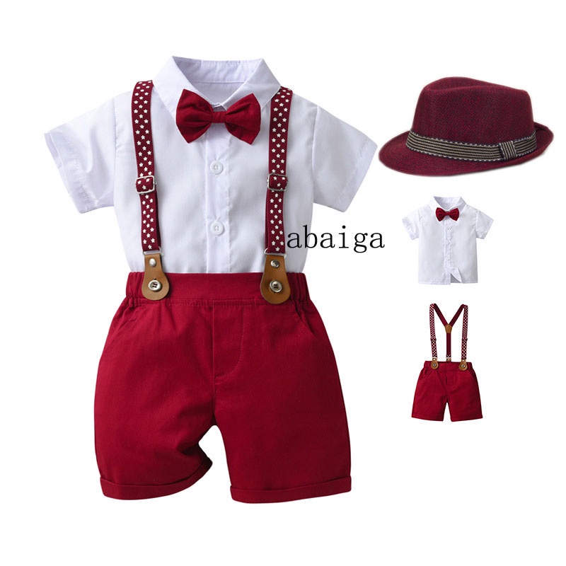Formal Attire for Kids Boys Short Sleeve White Shirt Red Shorts