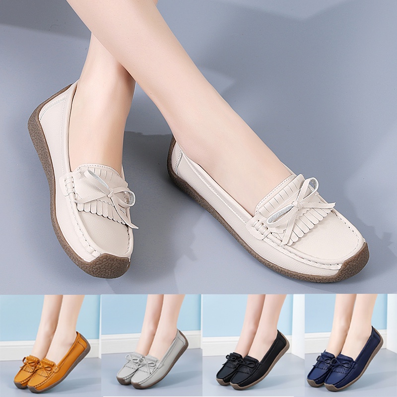 Fashion Flat Women Shoes Casual Leather Loafers Boat Shoes Shopee