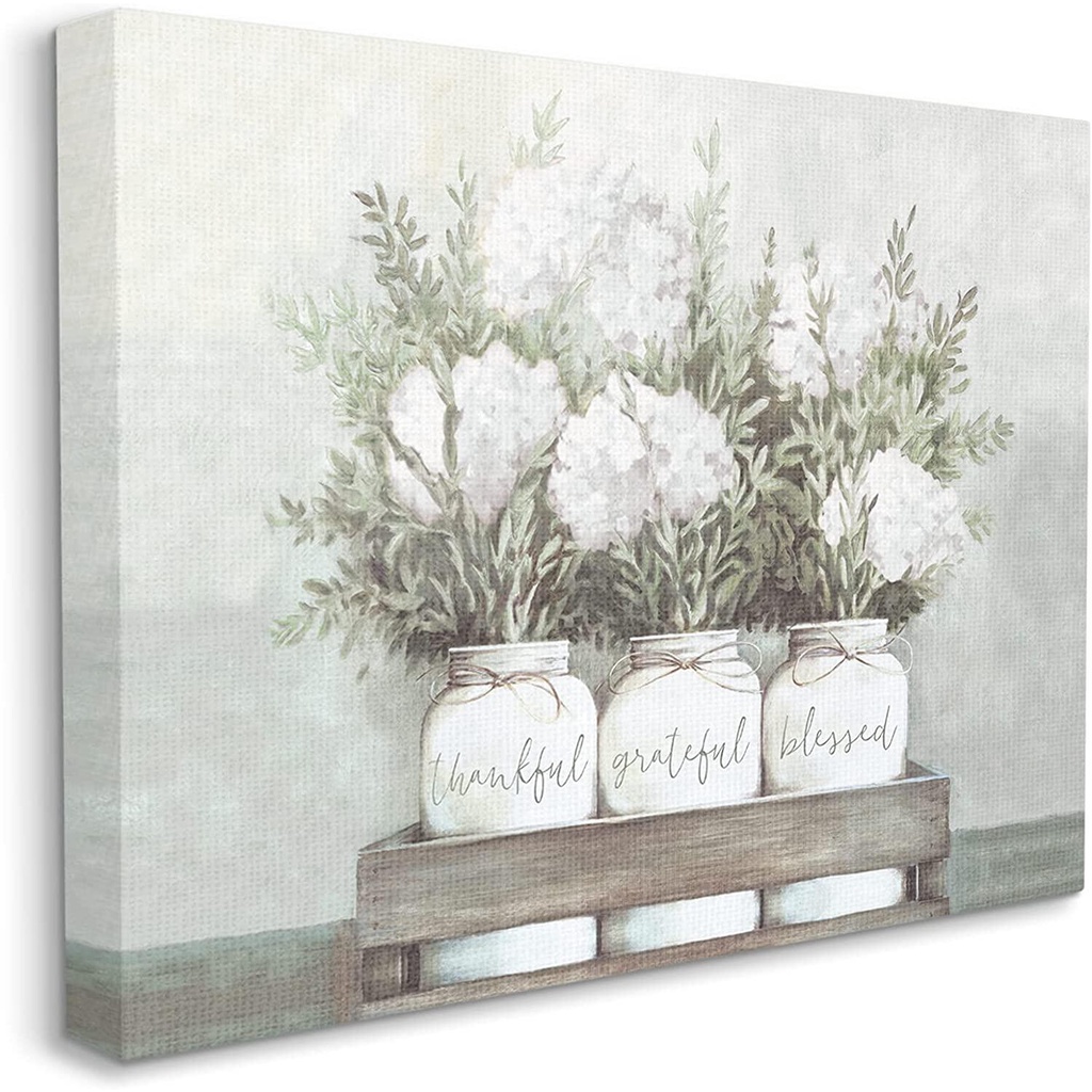 Wandbild „Thankful Grateful Blessed“ Mit Hortensien, Gerahmt In Grau – 28,9 X 35,6 Cm