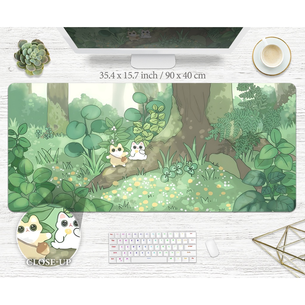 Green Cute Desk Mat Kawaii Forest Aesthetic Mousepad Sage Green Leaves ...