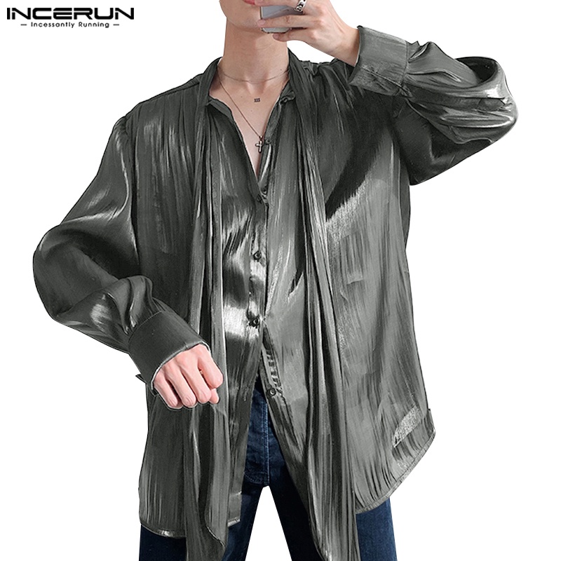 INCERUN Men's Bright Face Pleated Fabric Ribbon Silk Long Sleeve Shirt ...