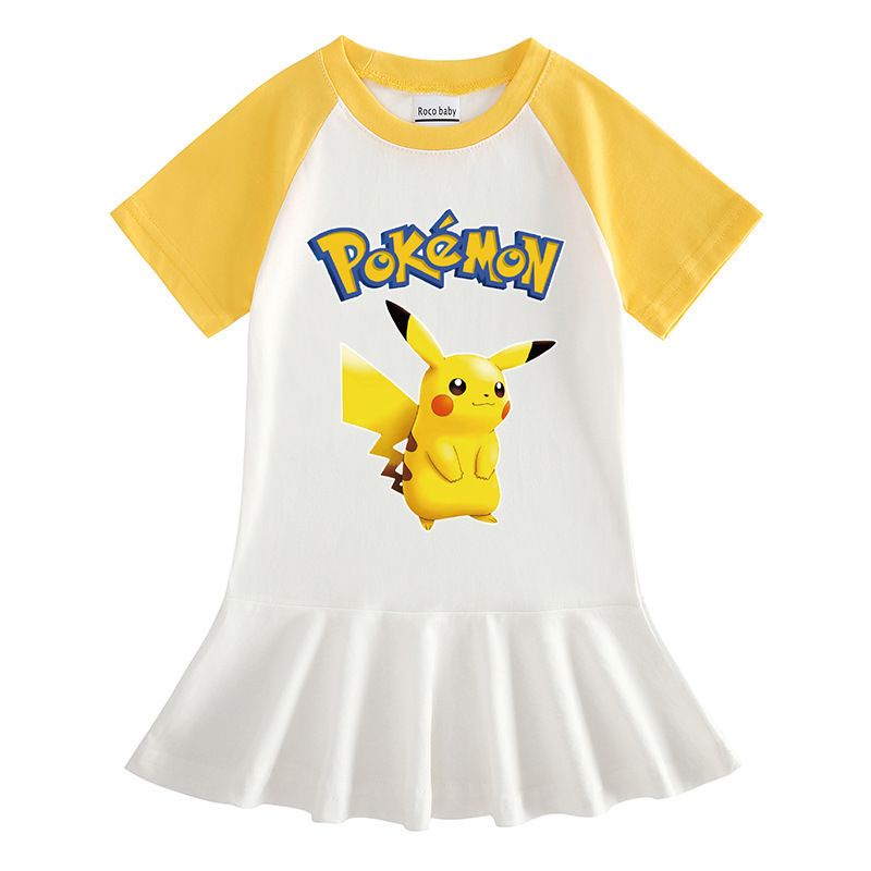 Girls' dress summer children's wear cartoon half sleeve dress pikachu ...