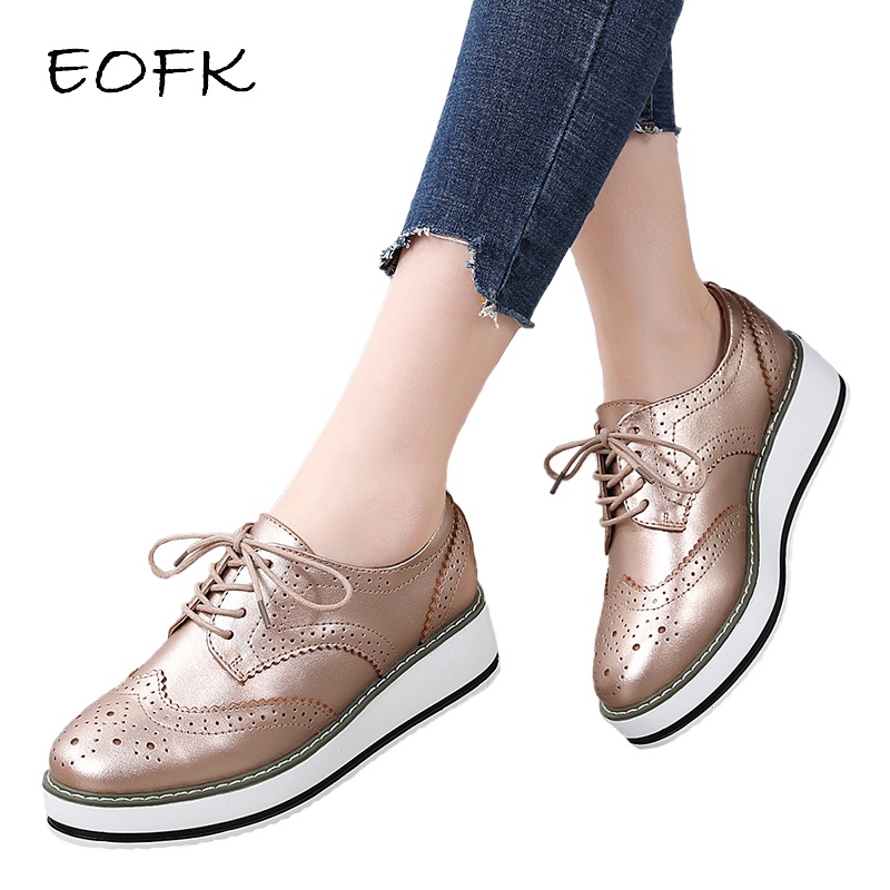 EOFK Spring Autumn Women Derby Platform Gold Flats Brogue Leather Lace up Classic Bullock Footwear Female Oxford Shoes Lady Shopee Philippines