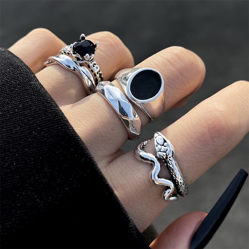 Vintage Black Crystal Snake Rings Set for Women Fashion Silver Punk ...