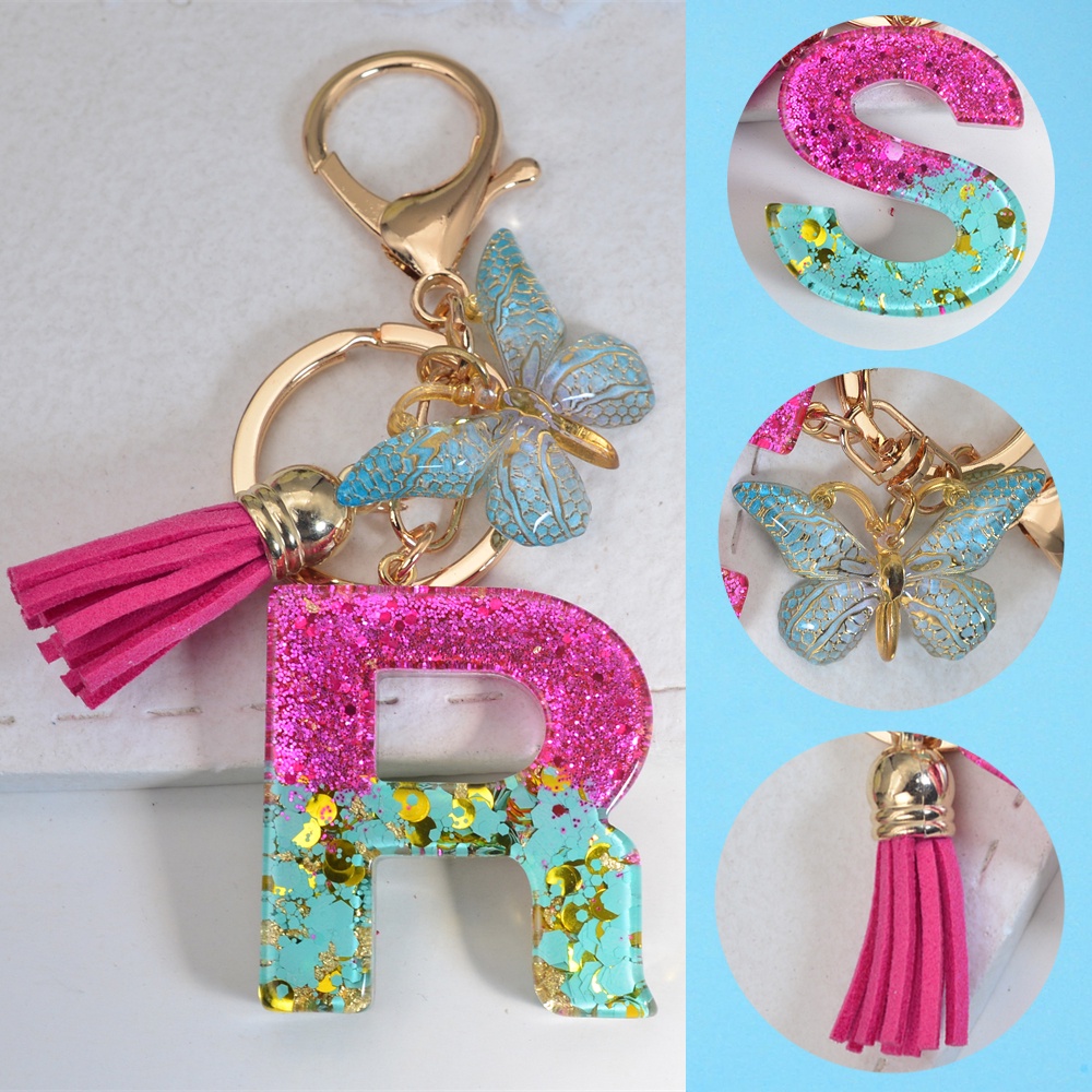 Fashion Tassel Butterfly 26Letter Keychain Sequin-filled Resin Alphabet ...