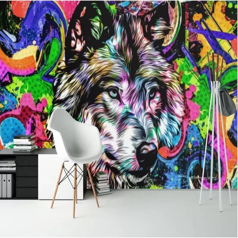 Custom Wallpaper graffiti animal style watercolor wolf head background