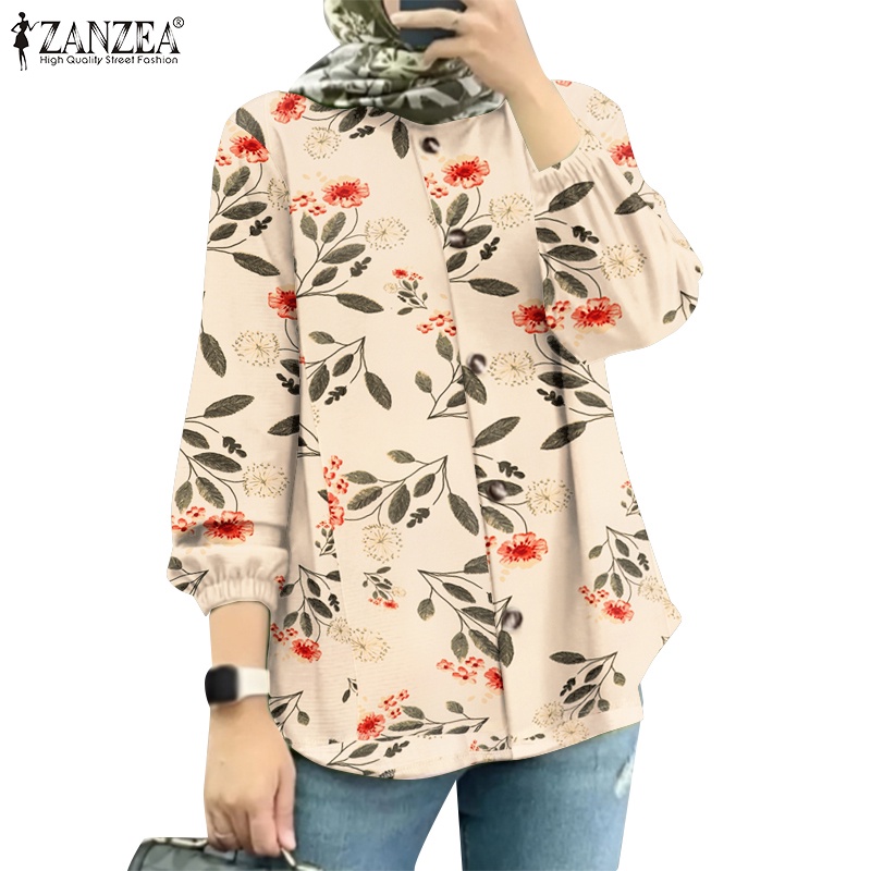 Zanzea Women Muslim Daily Long Sleeves Puff Sleeve O Neck Floral