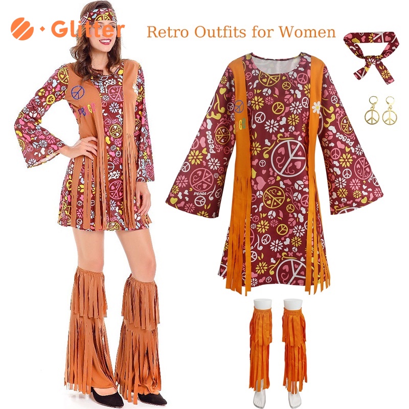 60s 70s Retro Outfit For Woman Disco Brown Floral Hippie 2 in 1 Dress ...