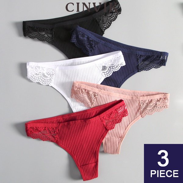 Cinvik Women 3pcs Lace Fashion Cotton G String Letter Thong Panties Sexy Low Waist Brief 