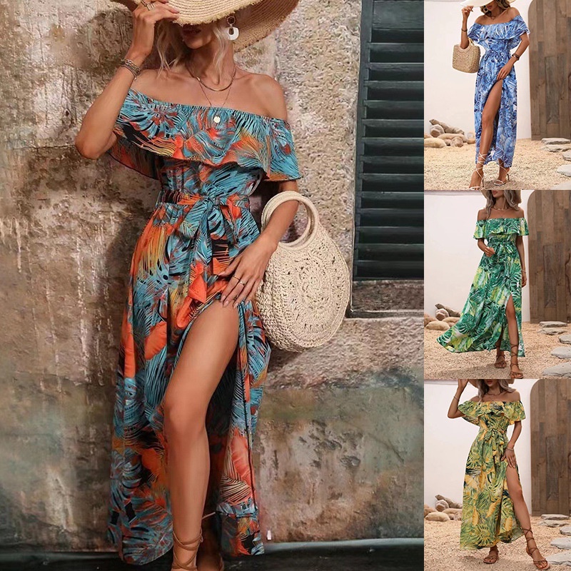 FANDEE Women's Off The Shoulder Ruffle Maxi Dress - Floral Print Beach Vacation Long Dress With Waist Tie 4 thumbnail image