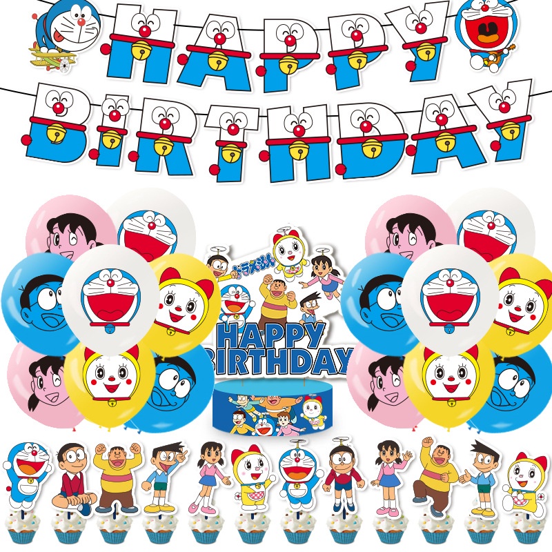 Snow Doraemon Theme kids birthday party decorations banner cake topper ...