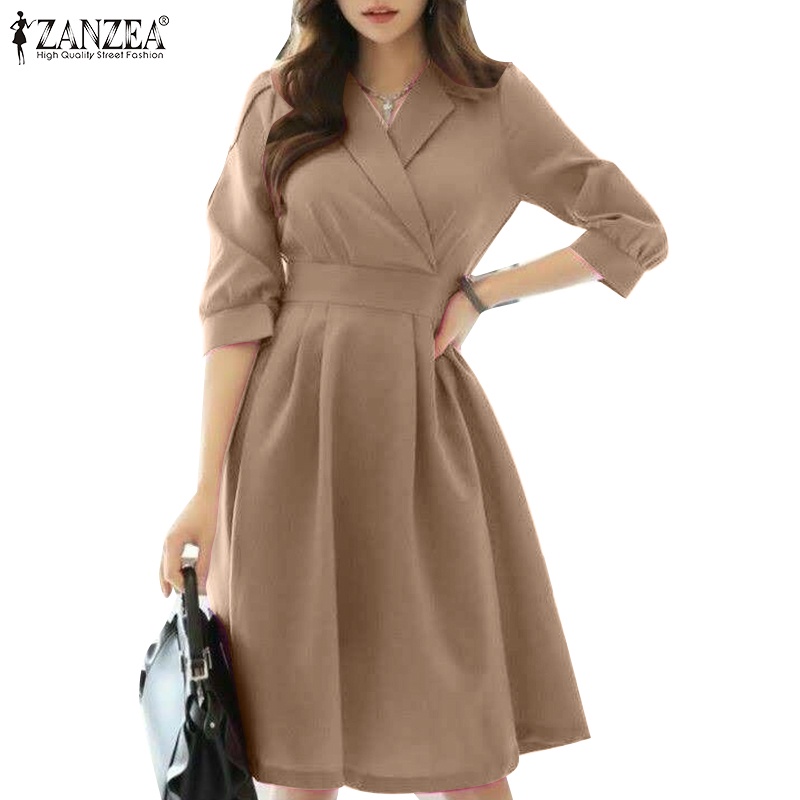 Zanzea Women Korean Casual Lapel Collar Half Sleeves High Waist A Line Dresses Shopee Philippines 9539