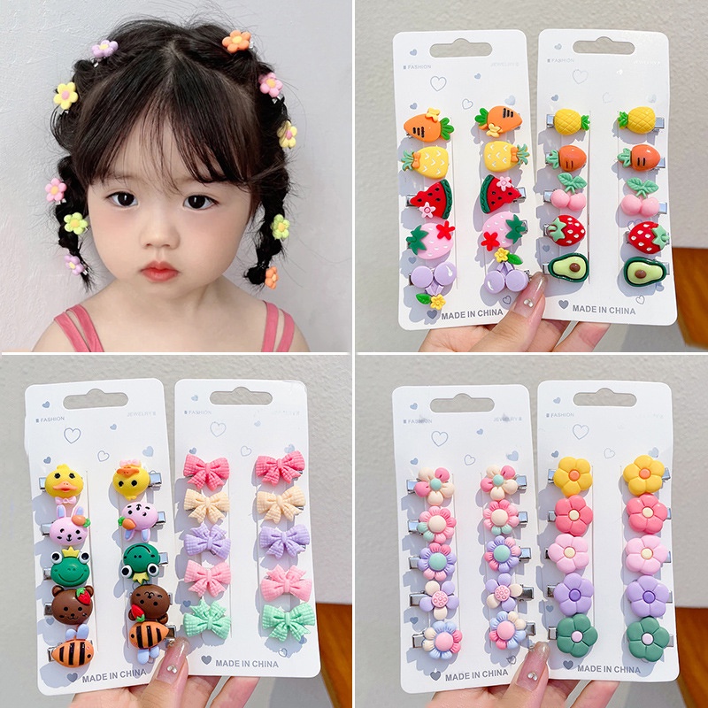 10pcs/set Mini Cute Cartoon Flowers Fruits Bows Duckbill Hair Clips