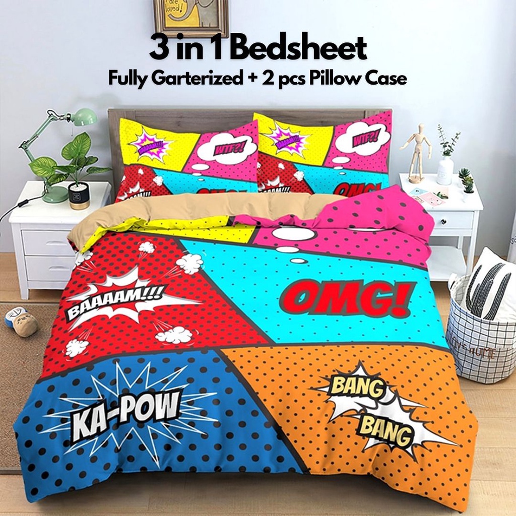 OnFlaunt 3in1 Comic Quotes Bedsheet Set Fully Garterized Fitted Sheet