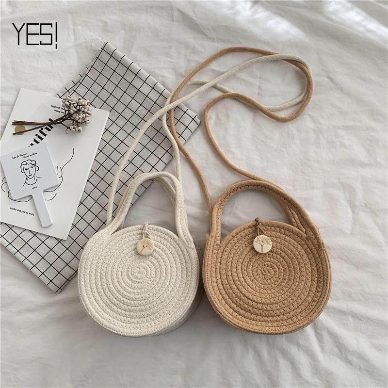 Round Shape Cotton Rope Woven Bag Beach Straw Woven Bag Crossbody Bag