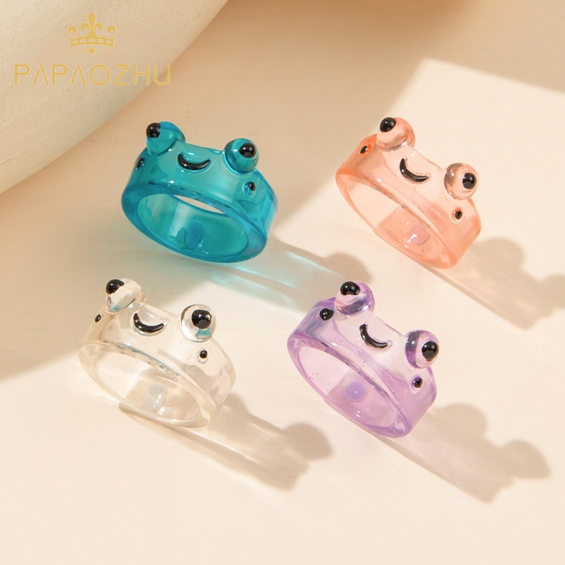 PAPAOZHU Korean Transparent Blue Green Frog Rings for Women Men Cute ...