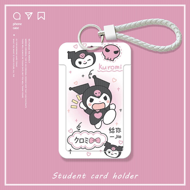 Kawaii Slide Cover Card Holder with Anti-loss Leather Rope for ID Card ...