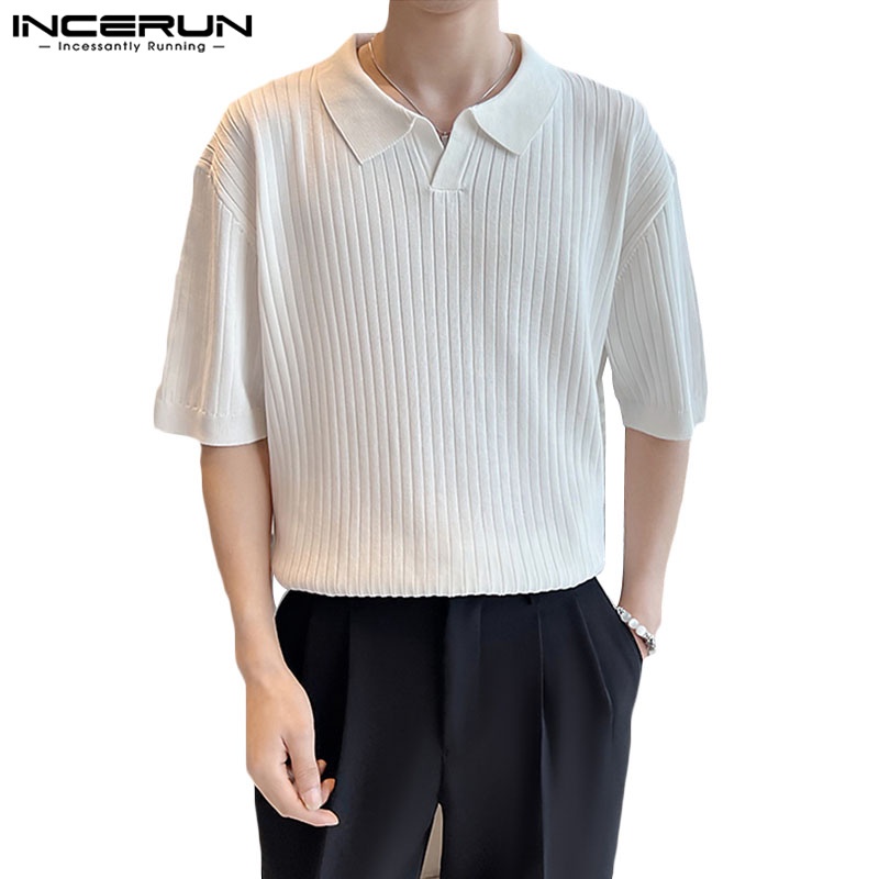 INCERUN Solid Pit Stripe Knitted Short Sleeve Polo Top POLO Shirts ...