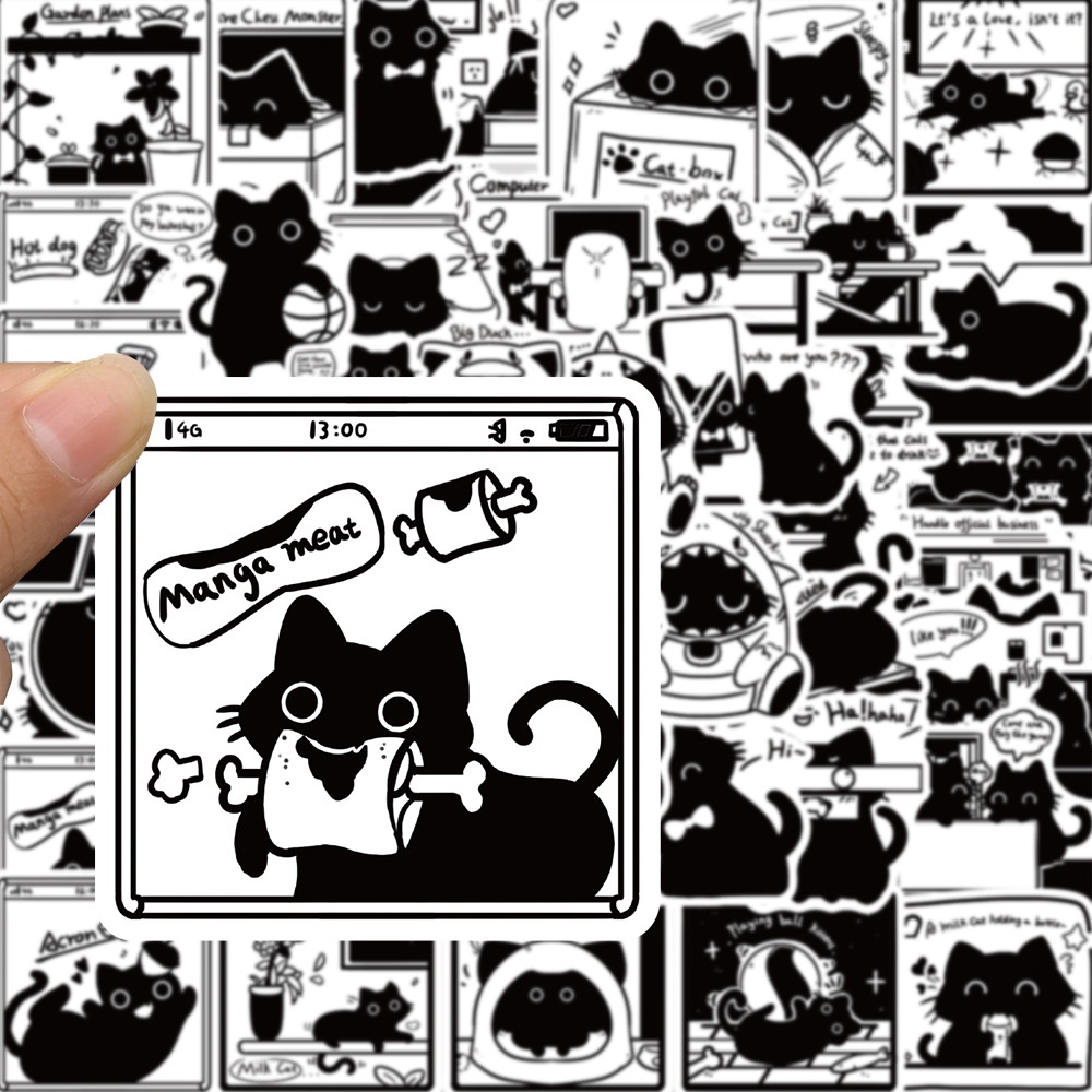 50PCS Cute Little Black Cat Life Cartoon Graffiti Decorative Stickers ...