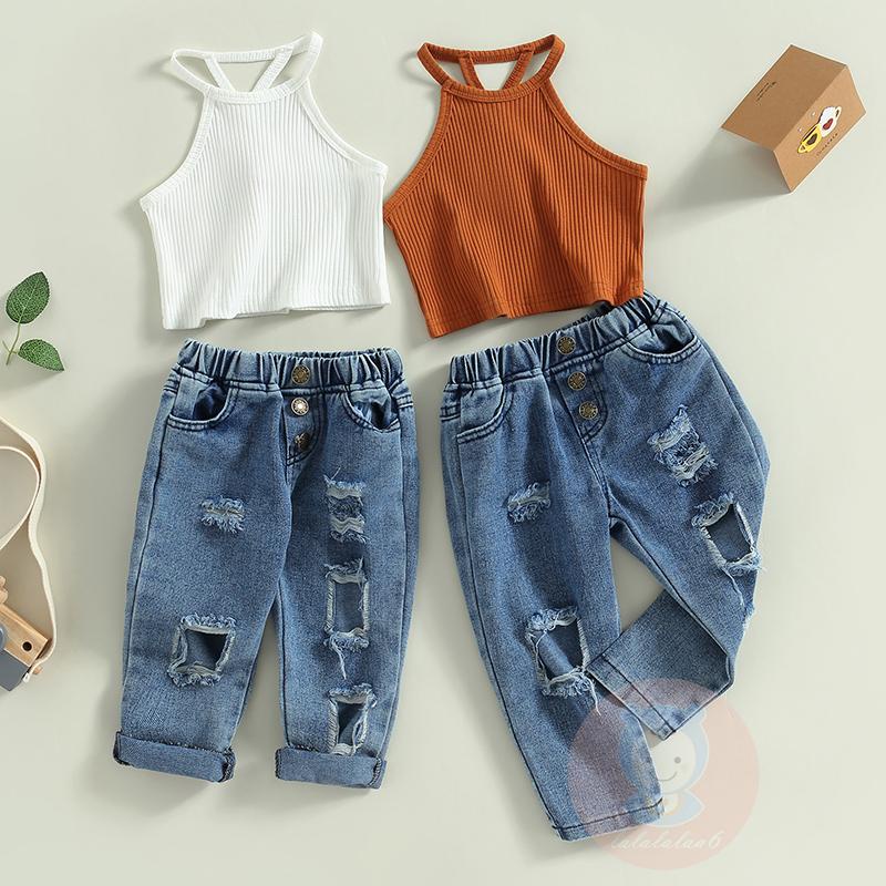 LAA6 Kids Girls Sleeveless Camisole with Elastic Waist Ripped Jeans Outfit Shopee Philippines