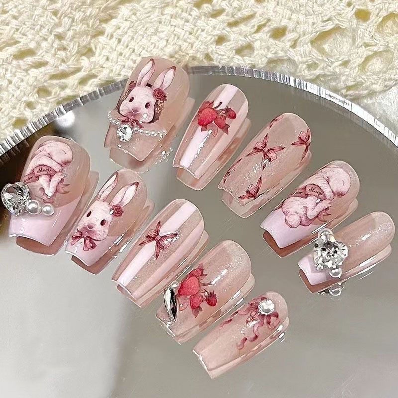 Rococo Rabbit Handmade Wear Nail Rococo Sweet Pet Pink Rabbit Nail Art ...