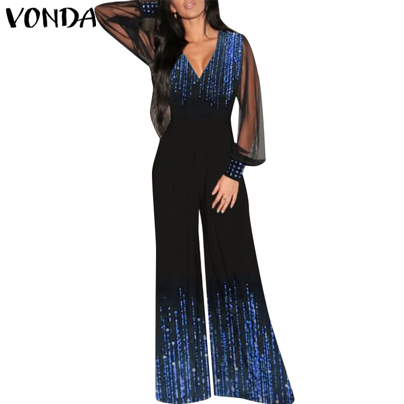 Vonda Women Vintage Regular Puff Sleeve V Neck Wide Leg Pants Jumpsuit