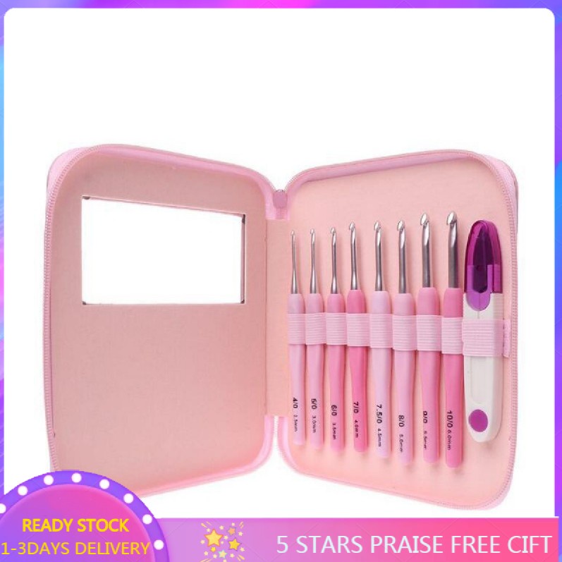 COD]10Pcs Crochet Hook Set with Pink Case 2.5mm-6mm Knitting Needles Sewing Tool  Kit