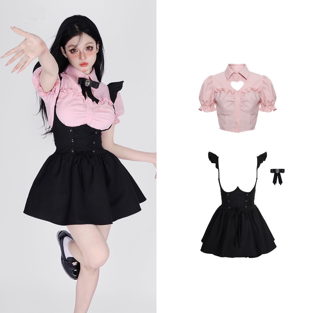 New Pink Flying Sleeve Shirt+Laced-Up Black Strap Skirt Dress. Milk ...