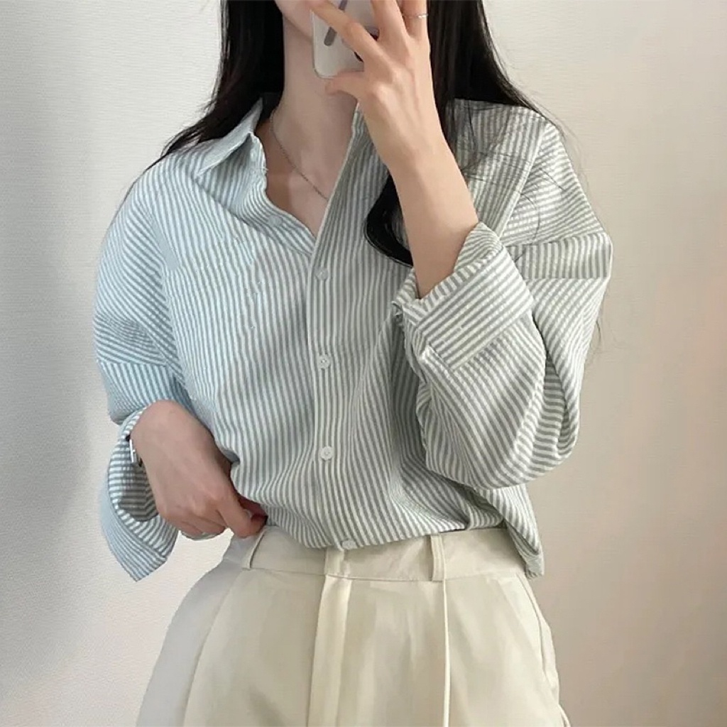 BH Korean women's striped blouse long sleeve loose short fold collar ...