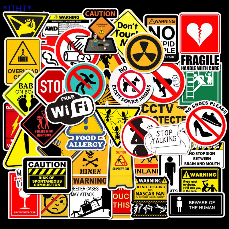 ITHT> 50pcs Cartoon Warning Stickers Danger Banning Skateboard Guitar ...