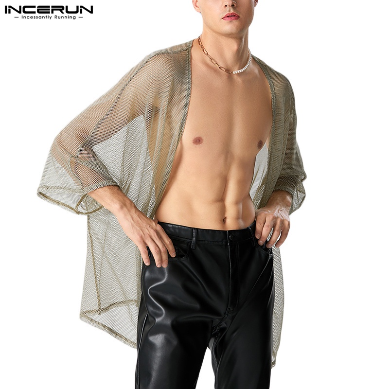 INCERUN Men Vintage Stylish Mesh Tinsel Glitter Long Sleeve Kimonos