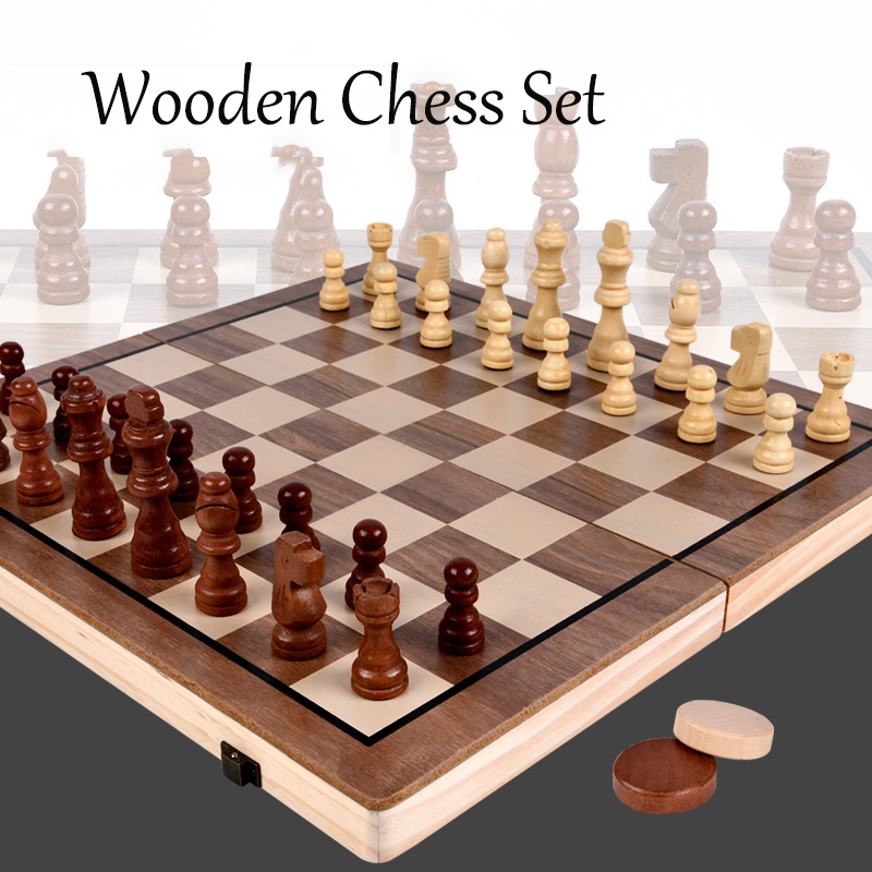 Folding Wooden Chess Board Pieces Set Board Game International Chess