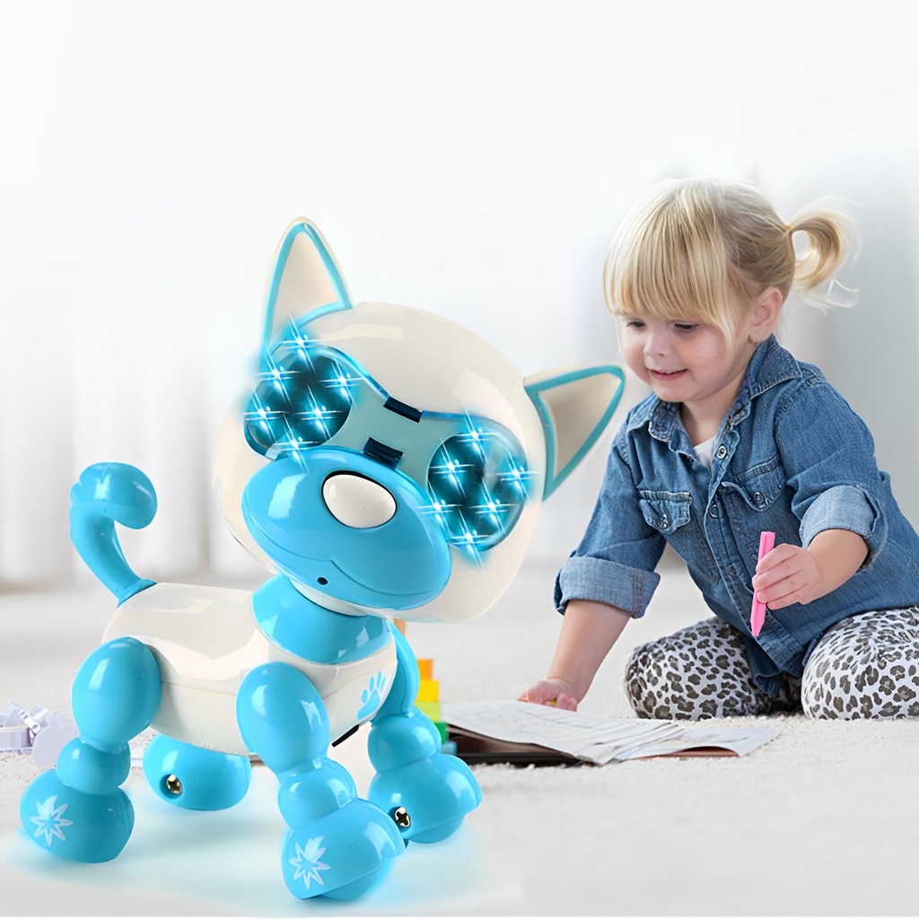 Intelligent robot dog with expressive LED lights in its eyes, recording ...