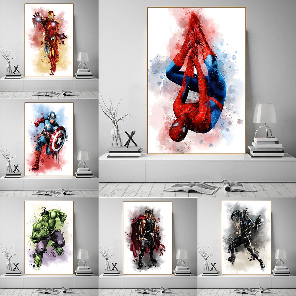 Marvel Movie Avengers Watercolor Canvas Poster Spiderman Iron Man Hulk ...