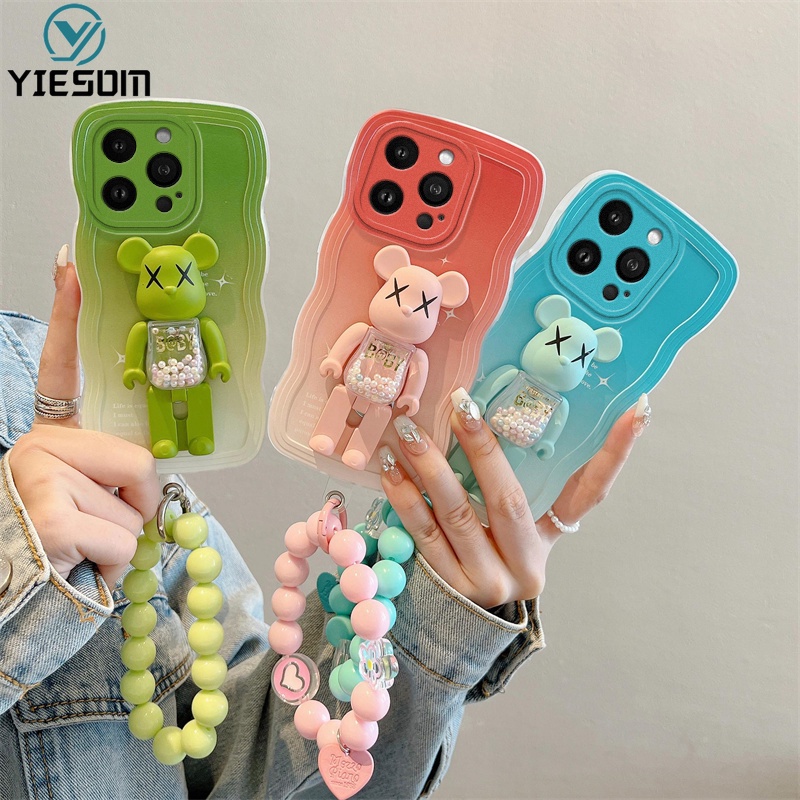 Gradient Wave Bear Kaws Stand Phone Case For iPhone 14 13 Pro Max