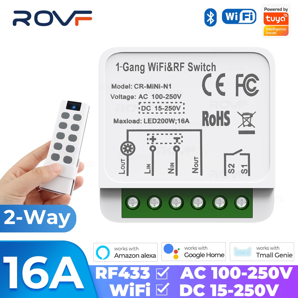 ROVF Smart Switch DC 16A Tuya WiFi RF433 Light Mini 2 Way Module On Off ...