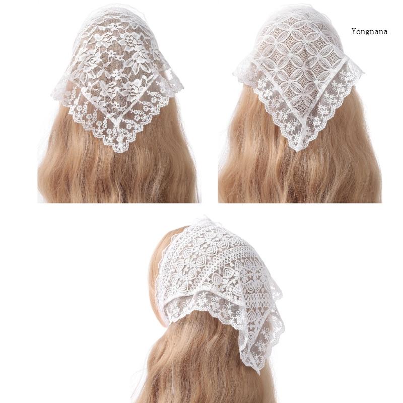 White Elegant Women Lace Flower Triangle Headband Summer Sunproof Lace Triang