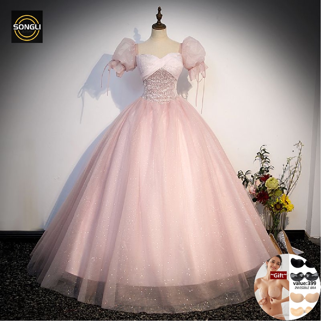 Dream Garland Puff Sleeves Evening Dress in Pink