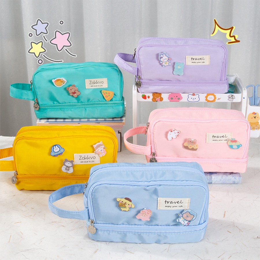 Large Capacity Pencil Case Purple Canvas Pencil Bag Cute Kawaii Pink