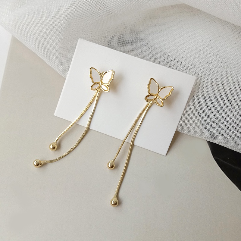 S925 Silver Needle Korean White Butterfly Long Tassel Earrings Fashion