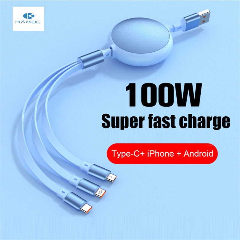 Kaxoe 6a 100w 3in1 Fast Charger Usb Cable Retractable Portable Micro Usb Type C Charger Cable