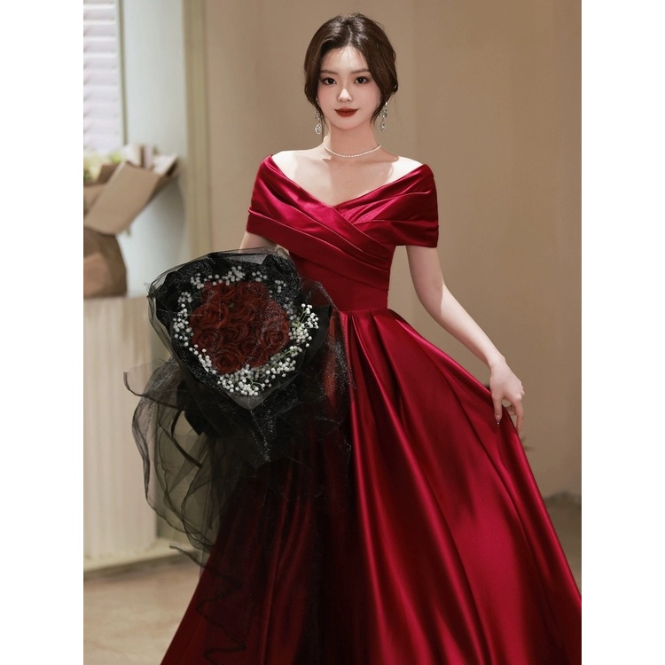 Wine Red Bride Wedding Cocktail Dress Simple Off Shoulder Engagement Satin A line Dresses New Year Christmas Dinner Wedding Dinner Evening Gown Shopee Philippines