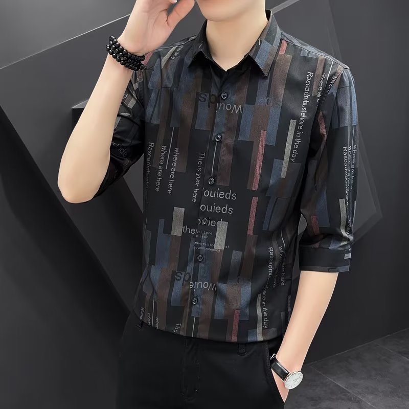 2023 Summer New Men's Colorblock 3 4 Sleeves Korean Trend Casual Slim