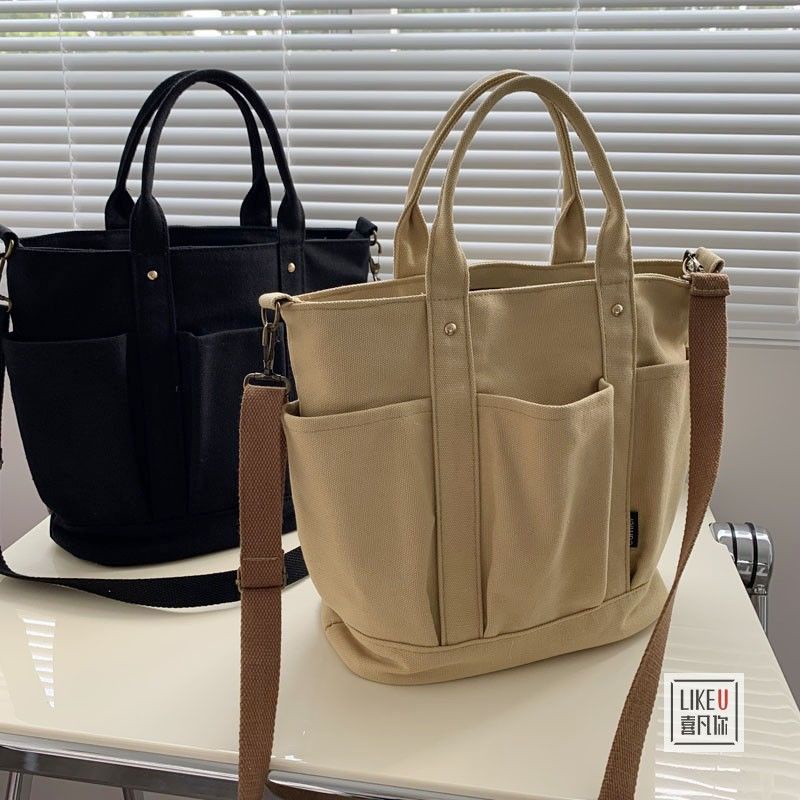 Women's tote bag Japanese minimalist multi-pocket Tot canvas bag ...